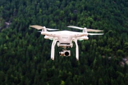 DJI Phsntom drone hovering in fligjt above trees