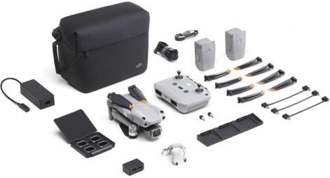 THe complete set for the DJI Air 2S Fly More Combo Propellers drone bag batteries charger and connection cords.