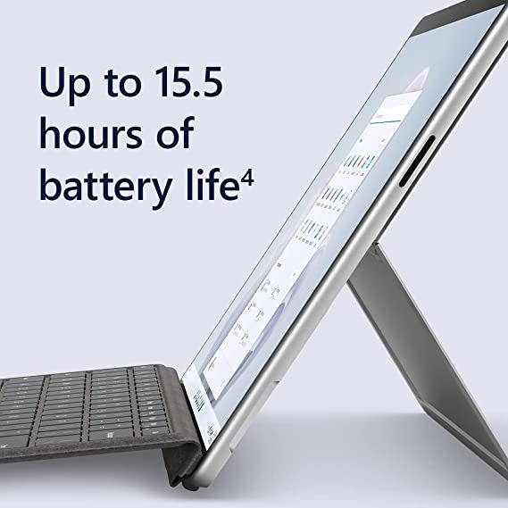 Picture of side view of Microsoft Pro 9 and Battery life of 15.5 Hours