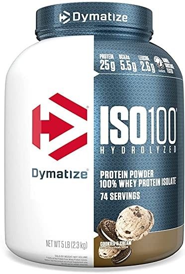 A jar of Dymatize ISO100 Hydrolyzed Protein Powder